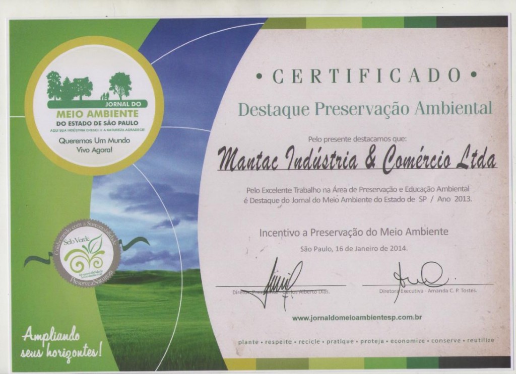 MANTAC recebe Certificado de “Destaque Preservação Ambiental”